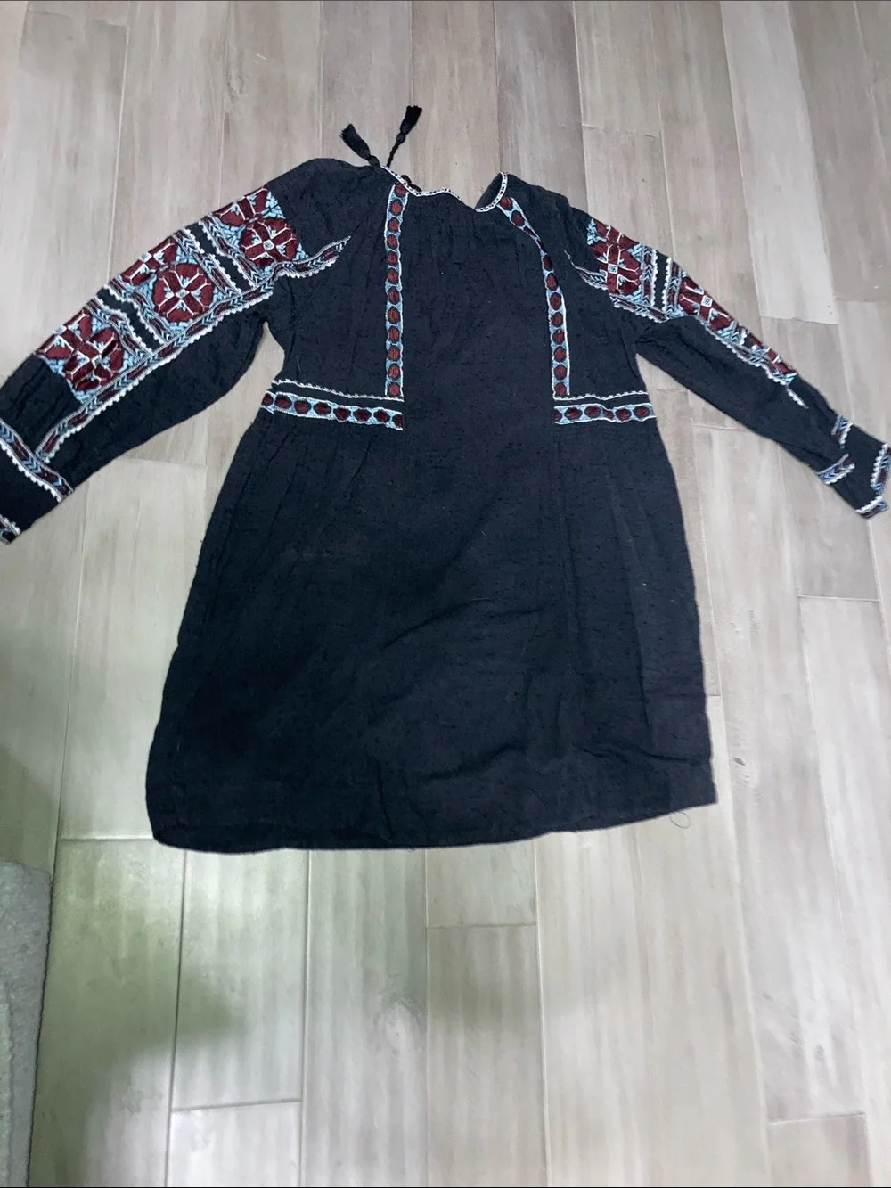 Free People Black Embroidered V-Neck Long Sleeve Mini Dress